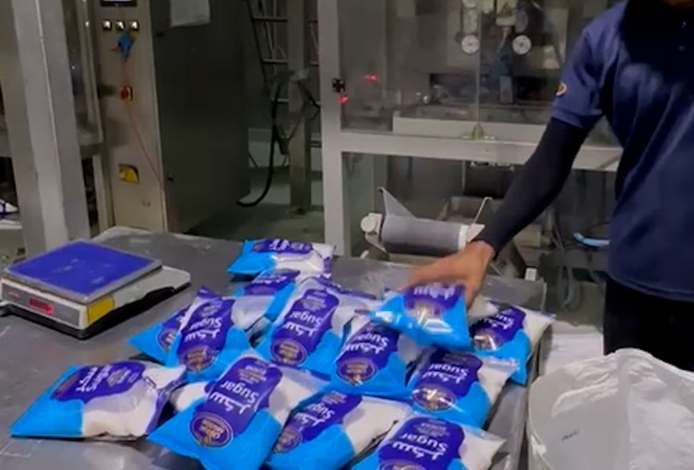 Packing line with bags of sugar on a stainless steel table
