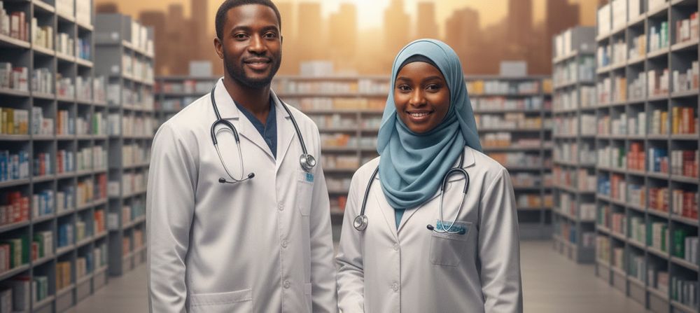 Two pharmacists in white coats in a pharmacy aisle